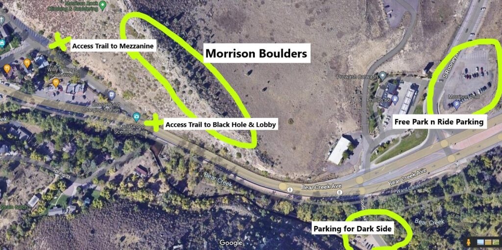 Parking and access trail for Morrison Boulders and parking for Dark Side bouldering